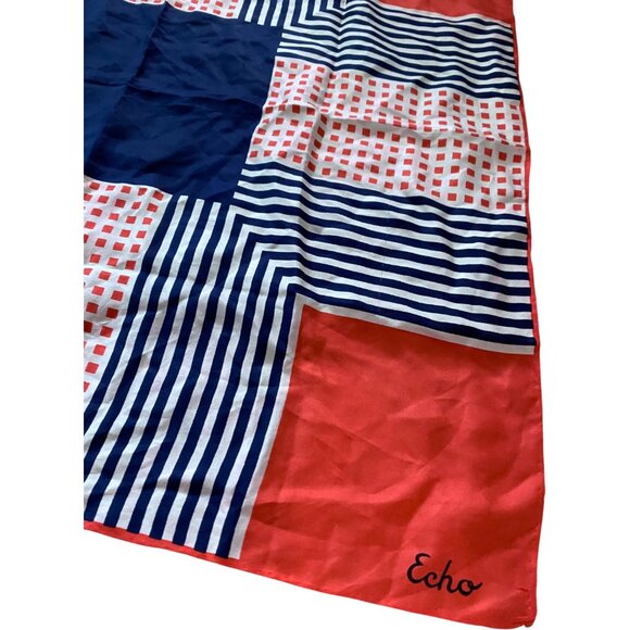 Vintage Echo Silk Scarf 26" Geometric Rolled Hem Blue White Red - Picture 3 of 4